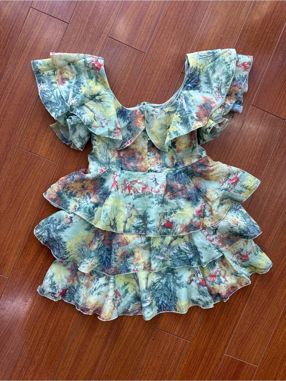 Alice McCall Pale Sage Fairy Cottage Whimsical Satin Toile Scene Mini Dress